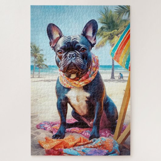 Französischer Bulldog am Strand, Sommergeschenk fü Puzzle (Vertikal)