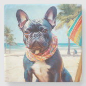 Französischer Bulldog am Strand, Sommergeschenk fü Steinuntersetzer (Vorderseite)
