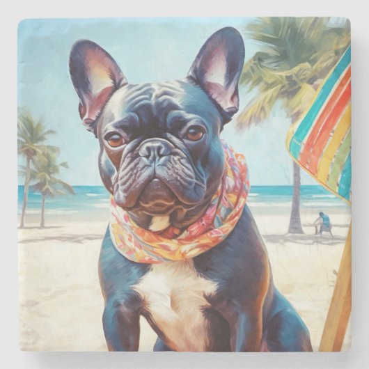 Französischer Bulldog am Strand, Sommergeschenk fü Steinuntersetzer (Vorderseite)