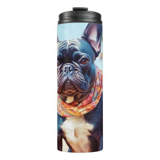 Französischer Bulldog am Strand, Sommergeschenk fü Thermosbecher (Vorderseite)