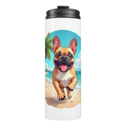 Französischer Bulldog am Strand Thermosbecher (Vorderseite)