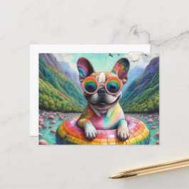 Französischer Bulldog auf einem Regenbogenfarbenfl Postkarte