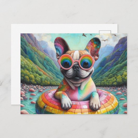 Französischer Bulldog auf einem Regenbogenfarbenfl Postkarte (Vorne/Hinten)