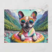 Französischer Bulldog auf einem Regenbogenfarbenfl Postkarte (Vorderseite)