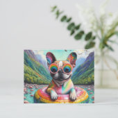 Französischer Bulldog auf einem Regenbogenfarbenfl Postkarte (Stehend Vorderseite)