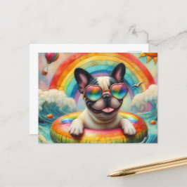 Französischer Bulldog auf einem Regenbogenfarbenfl Postkarte