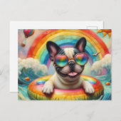 Französischer Bulldog auf einem Regenbogenfarbenfl Postkarte (Vorne/Hinten)