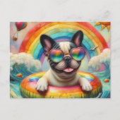 Französischer Bulldog auf einem Regenbogenfarbenfl Postkarte (Vorderseite)