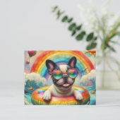 Französischer Bulldog auf einem Regenbogenfarbenfl Postkarte (Stehend Vorderseite)