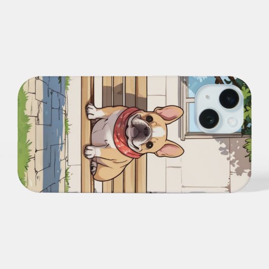 Französischer Bulldog auf einer Bank iPhone 15 Hülle (Rückseite (Horizontal))