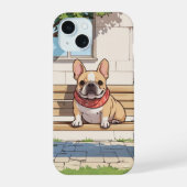 Französischer Bulldog auf einer Bank iPhone 15 Hülle (Rückseite)