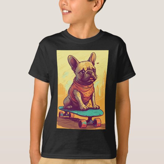 Französischer Bulldog auf Skateboard T-Shirt (Vorderseite)