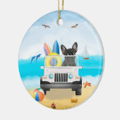 Französischer Bulldog Autofahren am Strand Keramik Ornament (Links)