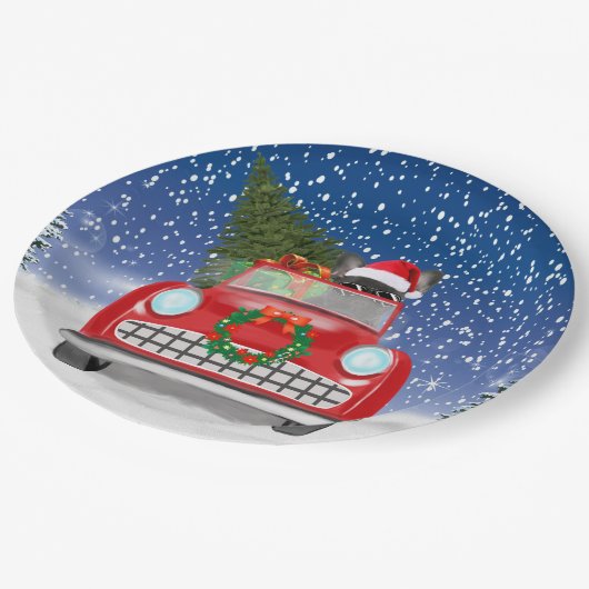 Französischer Bulldog Autofahrer im Schnee Weihnac Pappteller (Schrägansicht)