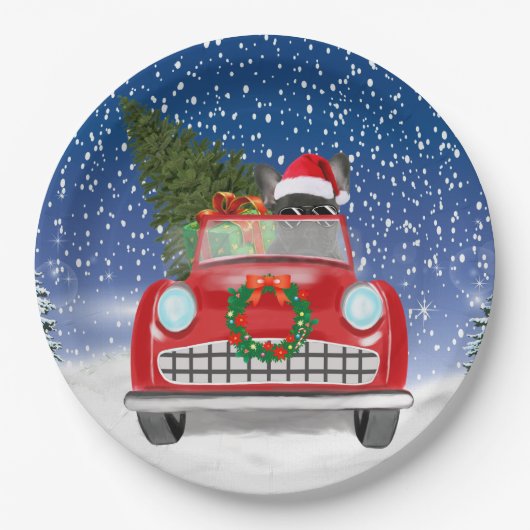 Französischer Bulldog Autofahrer im Schnee Weihnac Pappteller (Vorderseite)