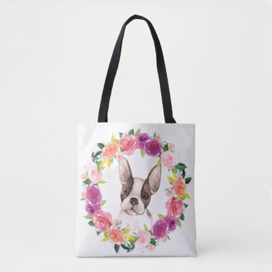 Französischer Bulldog, Blumenkranz Tote Tag Tasche (Vorderseite)