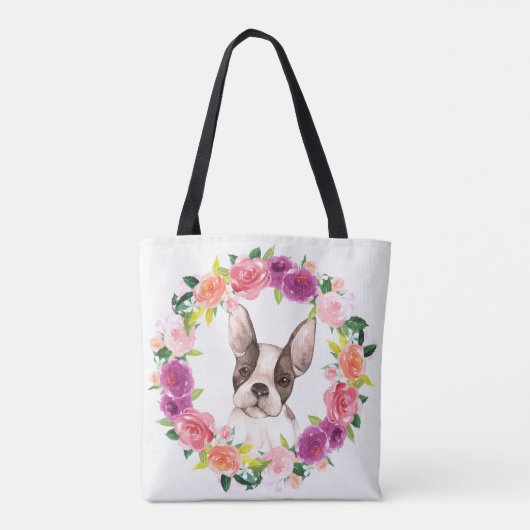 Französischer Bulldog, Blumenkranz Tote Tag Tasche (Rückseite)