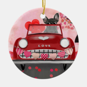 Französischer Bulldog Car mit Herz Valentins Keramik Ornament