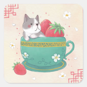Französischer Bulldog, Erdbeeren & Cup Illustratio Quadratischer Aufkleber