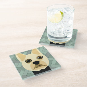 Französischer Bulldog, grüner Herringbone Glasuntersetzer