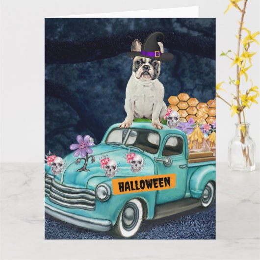Französischer Bulldog Halloween Truck Beängstigend Karte (Gelbe Blume)