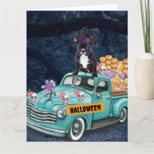 Französischer Bulldog Halloween Truck Beängstigend Karte