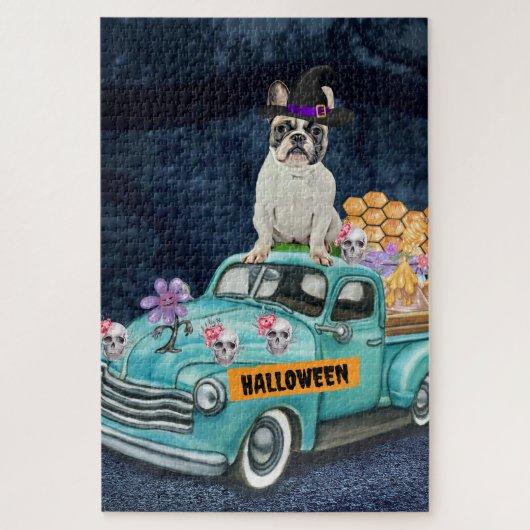 Französischer Bulldog Halloween Truck Beängstigend Puzzle (Vertikal)
