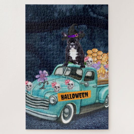 Französischer Bulldog Halloween Truck Beängstigend Puzzle (Vertikal)