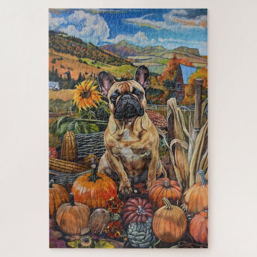 Französischer Bulldog Herbsternte Erntedank Puzzle (Vertikal)