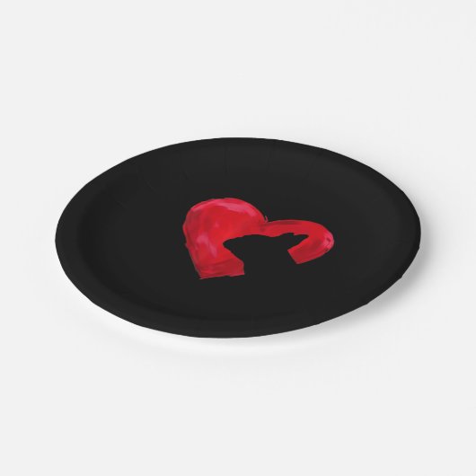 Französischer Bulldog Herz Silhouette Valentinstag Pappteller (Schrägansicht)