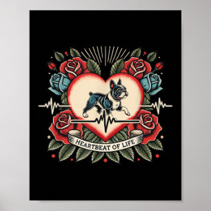 Französischer Bulldog Herzschlag Retro Tattoo mit  Poster