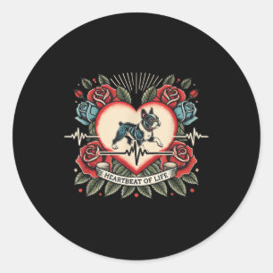 Französischer Bulldog Herzschlag Retro Tattoo mit Runder Aufkleber