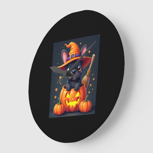 Französischer Bulldog Hexenkürbis Halloween Mens W Große Wanduhr (Winkel)