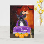 Französischer Bulldog-Hund im Halloween-Lkw Karte (Gelbe Blume)