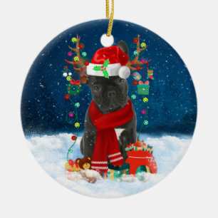 Französischer Bulldog Hund im Schnee mit Weihnacht Keramik Ornament