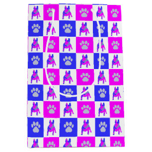 Französischer Bulldog Hund & Paw Hot Pink & Blue Mittlere Geschenktüte