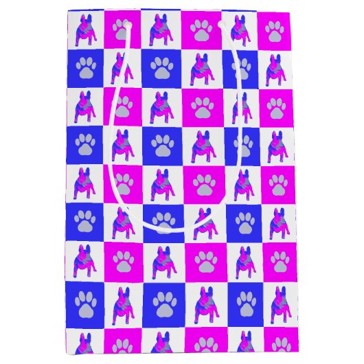 Französischer Bulldog Hund & Paw Hot Pink & Blue Mittlere Geschenktüte (Vorderseite)