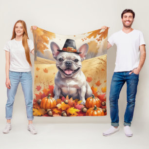 Französischer Bulldog im Herbst hinterlässt Ernted Fleecedecke