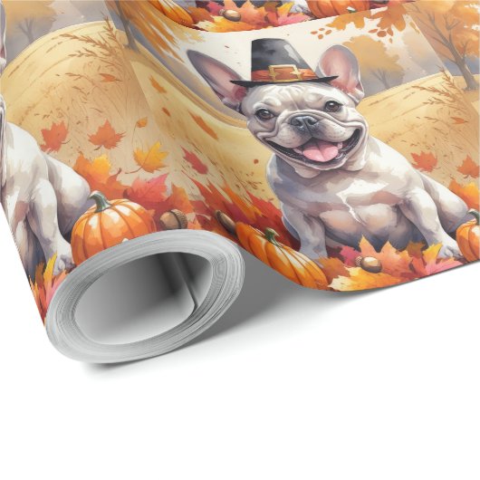 Französischer Bulldog im Herbst hinterlässt Ernted Geschenkpapier (Rolleneckpunkt)