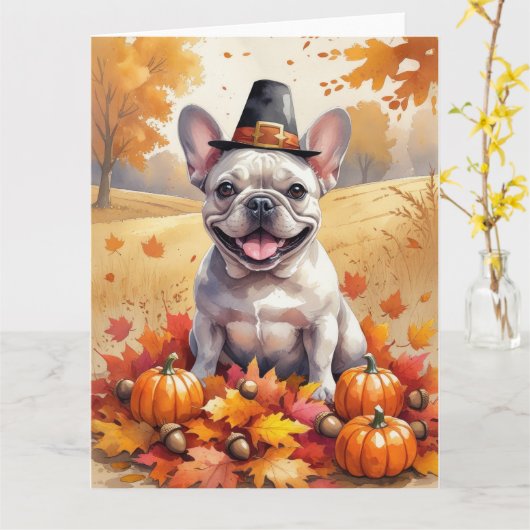 Französischer Bulldog im Herbst hinterlässt Ernted Karte (Gelbe Blume)
