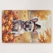 Französischer Bulldog im Herbst hinterlässt Ernted Puzzle (Horizontal)