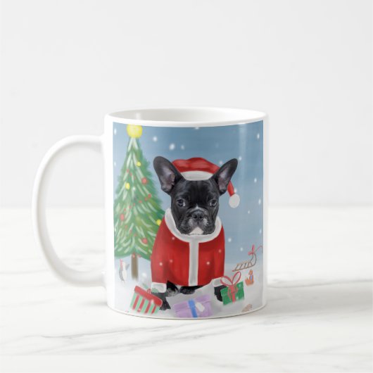 Französischer Bulldog im Schnee mit Weihnachtsgesc Kaffeetasse (Links)