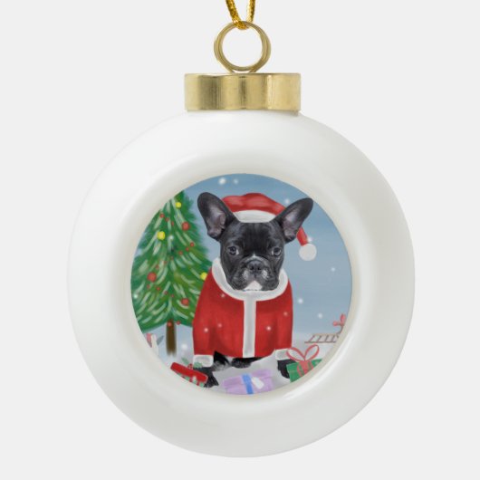 Französischer Bulldog im Schnee mit Weihnachtsgesc Keramik Kugel-Ornament (Vorderseite)