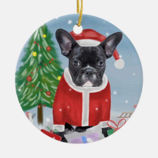 Französischer Bulldog im Schnee mit Weihnachtsgesc Keramik Ornament (Vorne)