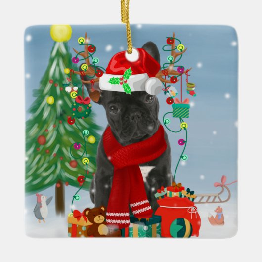 Französischer Bulldog im Schnee mit Weihnachtsgesc Keramikornament (Vorderseite)