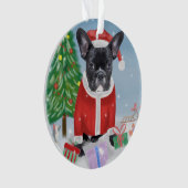 Französischer Bulldog im Schnee mit Weihnachtsgesc Ornament (Vorderseite)