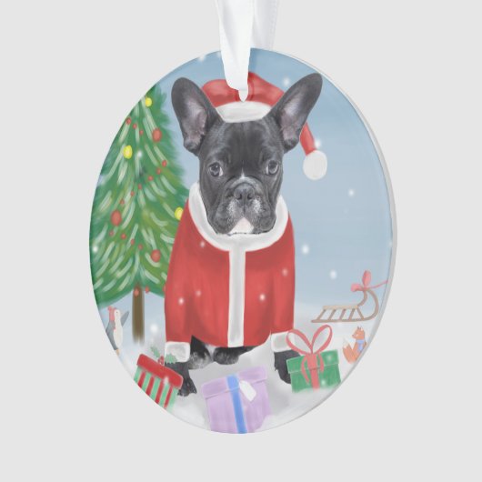 Französischer Bulldog im Schnee mit Weihnachtsgesc Ornament (Vorderseite)