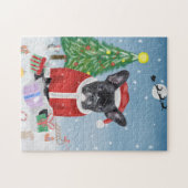 Französischer Bulldog im Schnee mit Weihnachtsgesc Puzzle (Horizontal)