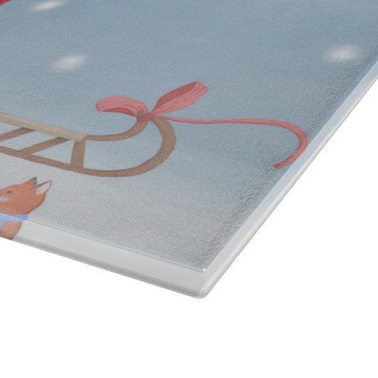 Französischer Bulldog im Schnee mit Weihnachtsgesc Schneidebrett (Ecke)