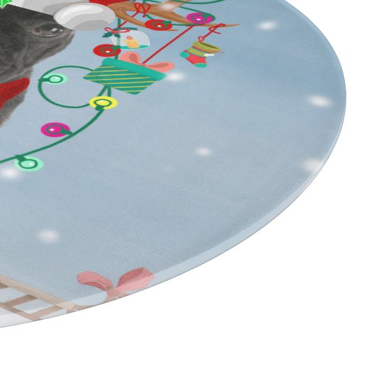 Französischer Bulldog im Schnee mit Weihnachtsgesc Schneidebrett (Ecke)